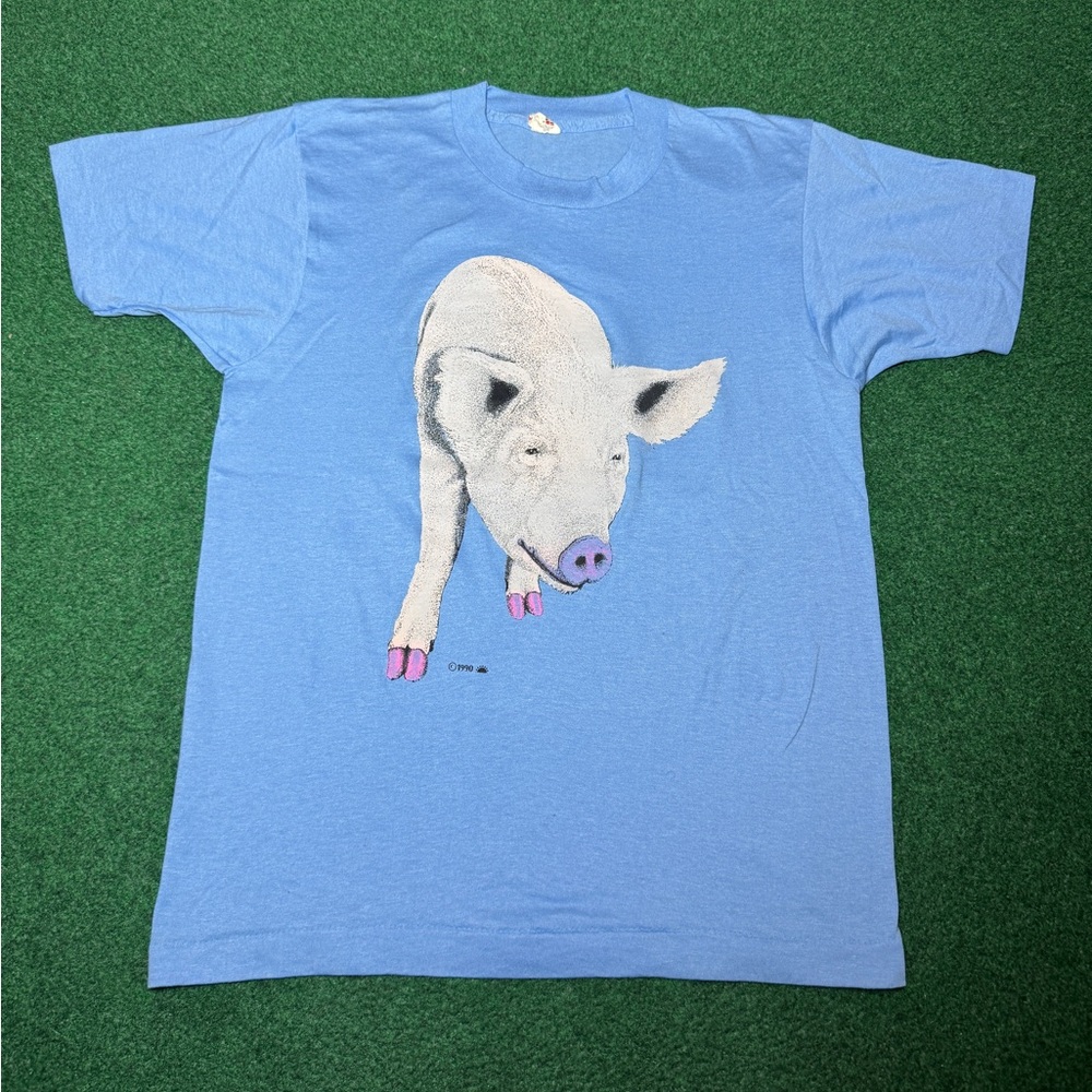 Vintage Pig Animal Print 80s 18x25 Sm/med Blue 50/50 Double Sided T Shirt